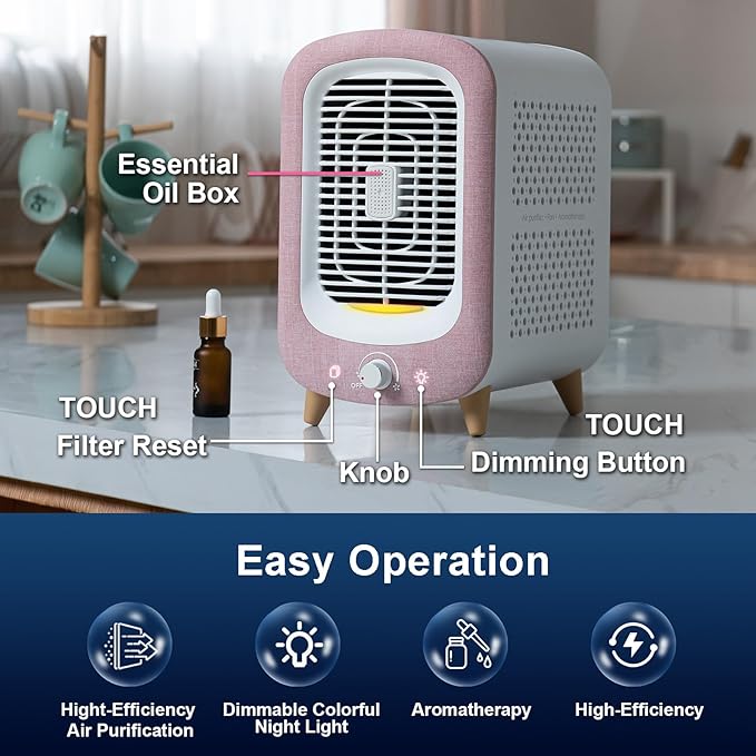 Jafanda Air Purifier for Home Bedroom 780sq ft, HEPA & Activated Carbon, Air Cleaner with Fragrance Sponge & Nightlight for Smoke, Allergies, Dust, Odor, VOC, Pet Dander, Pollen, Office, Desktop, Pink