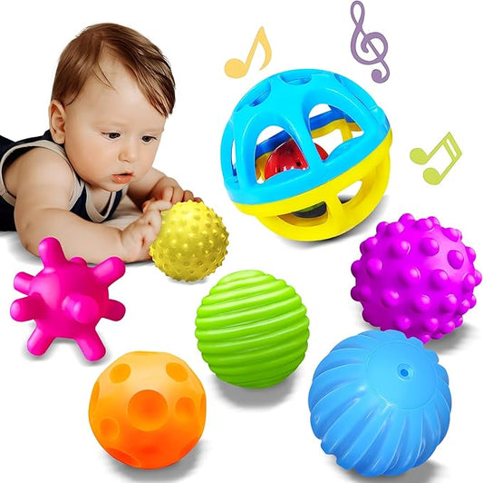 Sensory Balls - Montessori Toys, Multiple Textures Toddler Sensory Toys for Babies 1-3, Hand Catching Baby Balls, Blue Rattle 3-6 Months