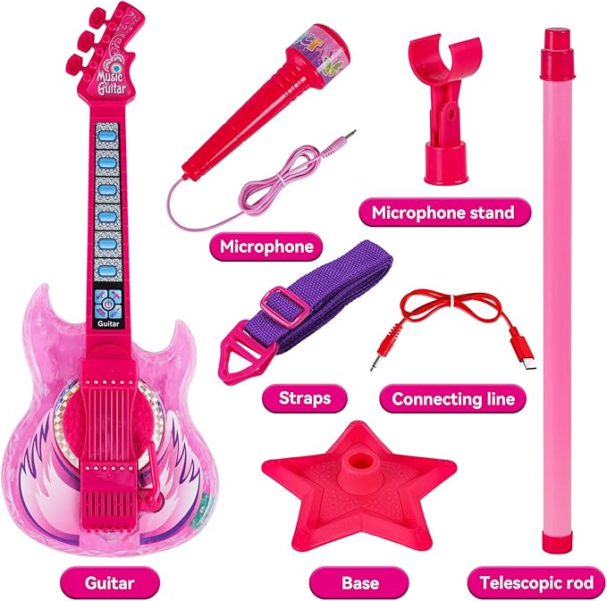 Guitar and Microphone Play Set for Girls,Karaoke Machine with Music&Light,Microphone Toys with Stand,Adjustable Height Guitar Toys for Kids,Toddlers,Child(Red)