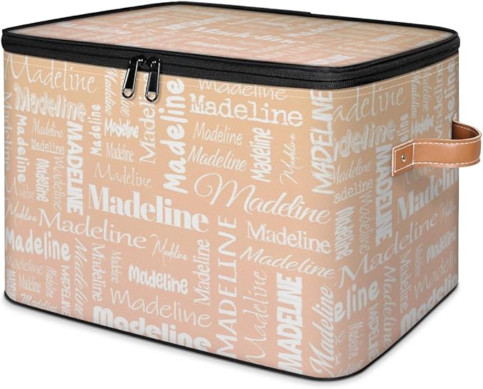 Custom Storage Basket with Name, Personalized Storage Bins with Zipper Lid, Foldable Fabric Storage Box Large capacity with Handle Apricot