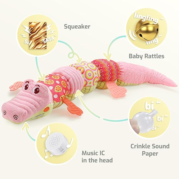 Sumobaby Crocodile Baby Toys Musical Crocodile, Stuffed Animal Activity Soft Toys with Teether, Multi-Sensory Crinkle, Rattle and Textures, for Tummy Time, 0 - 12 Months, Boys, Girls, Alligator (Pink)