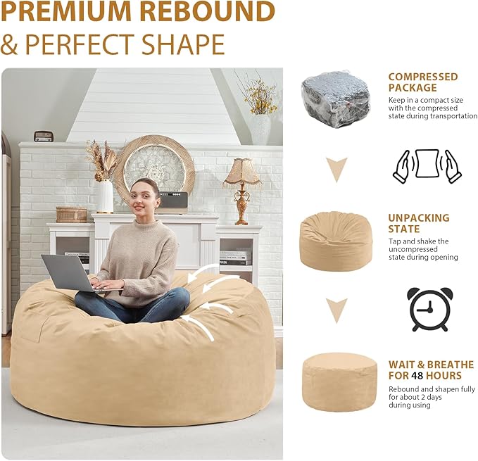 4FT Bean Bag Chair, Large Bean Bag Chairs with Memory Foam Filled, Fluffy Beanbag Sofa with Dutch Velvet Cover, Round BeanBag Chairs for Living Room, Playroom - Khaki