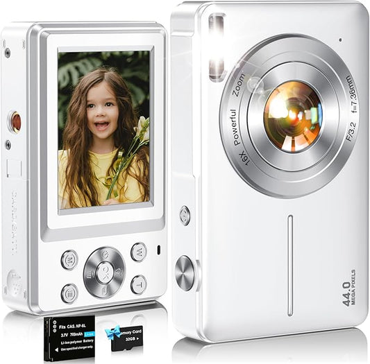 Digital Camera,FHD 1080P Kids Camera 44MP Point and Shoot Digital Cameras with 32GB Card,16X Zoom,Anti-Shake,Date Stamp,Compact Small Cameras Photography for Kids Student Teen Girl Boy(White)