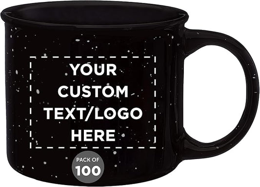 DISCOUNT PROMOS Custom Ceramic Campfire Coffee Mugs 13 oz. Set of 100, Personalized Bulk Pack - Perfect for Tea, Espresso, Cappuccino, Hot Cocoa - Black