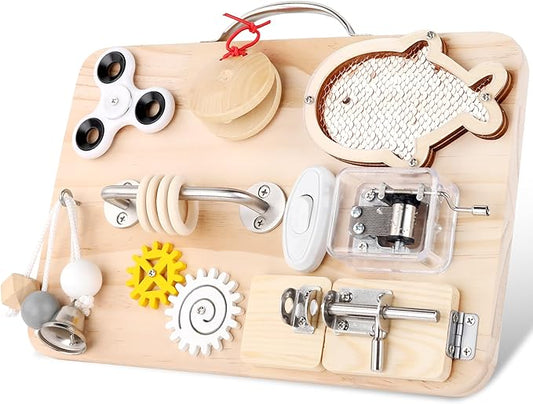 Wooden Busy Board for Toddlers, Montessori Sensory Toys for 1 2 3 4 Year Old, Autism Sensory Toys for Kids Boys Girls, Fine Motor Skills Travel Toys