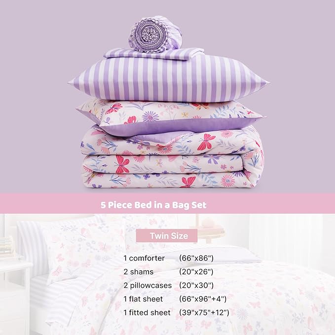 Twin Comforter Set with Sheets for Girls-5 Pieces Twin Bedding Sets with Pink Comforter, Sheets, Pillowcase & Sham for Kids (Cute Botanical Flowers, 66" X 86")