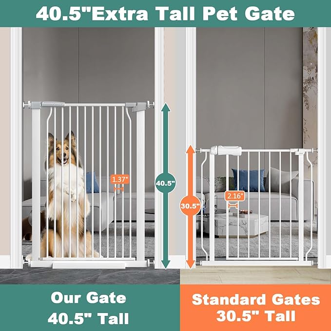 40.5" Extra Tall Baby Gate, 72.3"-74.1" Extra Wide Large Dog Pet Gate Indoor, Long Safety Child Gate for Stairs No Drill, Metal Auto Close Doggie Pet Gate for Doorway Stairs, White