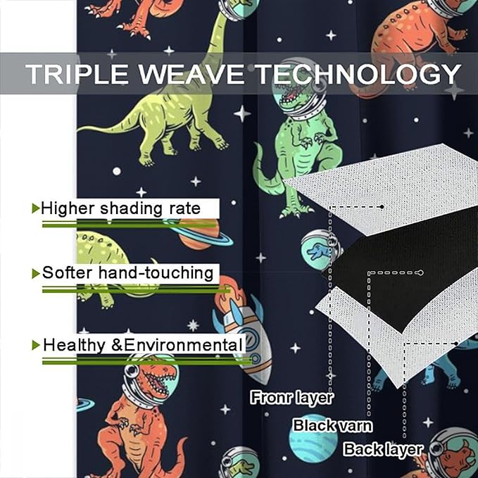 Cartoon Dinosaur Curtains for Kids Boys Girls Home Decor, Astronaut Rocket Funny Outer Space Blackout Rod Pocket Window Drapes for Bedroom Living Room W31.5xL63in 2 Panels