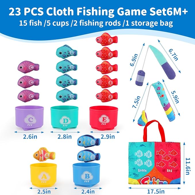 Montessori Cloth Fishing Game Toy for Kids, 23PCS Stacking Cups with Numbers Counting, Color Sorting & Shape Learning, Toddler Educational Toys for Babies, Birthday Easter Gift for Boys Girls