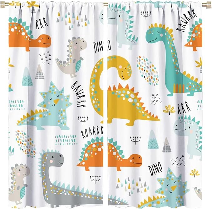 Dinosaur Curtains for Kids Boys Girls Home Decor Childish Cute Dino Animals Print Pattern Rod Pocket Blackout Window Drapes for Nursery Baby Bedroom Playroom W31.5xL63in 2 Panels
