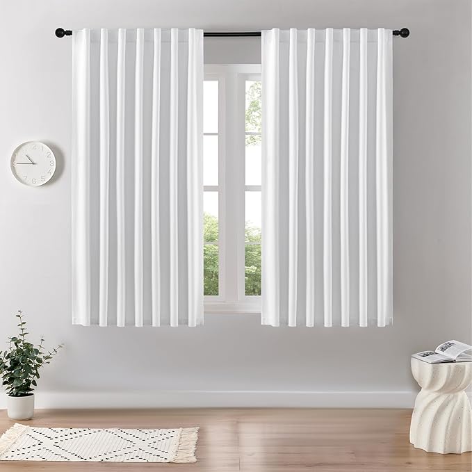 Joydeco Faux Linen Blackout Curtains for Bedroom,White Blackout Curtains 72 inches Long,100% Blackout Solid Thermal Insulated Window Drapes Luxury Decor for Living Room（W52xL72 Inch,White）