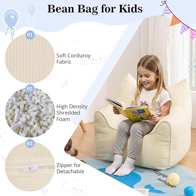 HOMMPA Bean Bag Chair for Kids Stuffed Toddler Bean Bag Sofa with Pocket Filler Cat Shaped Bean Bag Chair Boys and Girls Baby Lazy Floor Sofa Chair for Gaming Reading Playing Beige