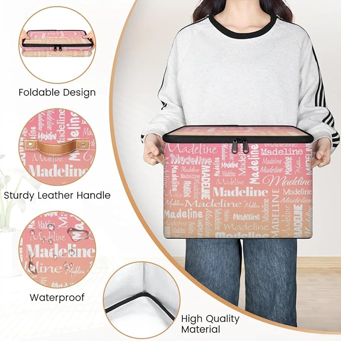 Custom Storage Basket with Name, Personalized Storage Bins with Zipper Lid, Foldable Fabric Storage Box Large capacity with Handle Pink Apricot