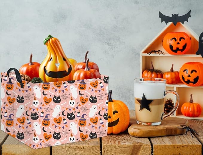 HIYAGON Rectangular Halloween Basket for Boys and Girls Kids Trick or Treat Pumpkin Basket for Halloween Parties Cute Storage Bin Organizer Box Room Decor(Pink Halloween)