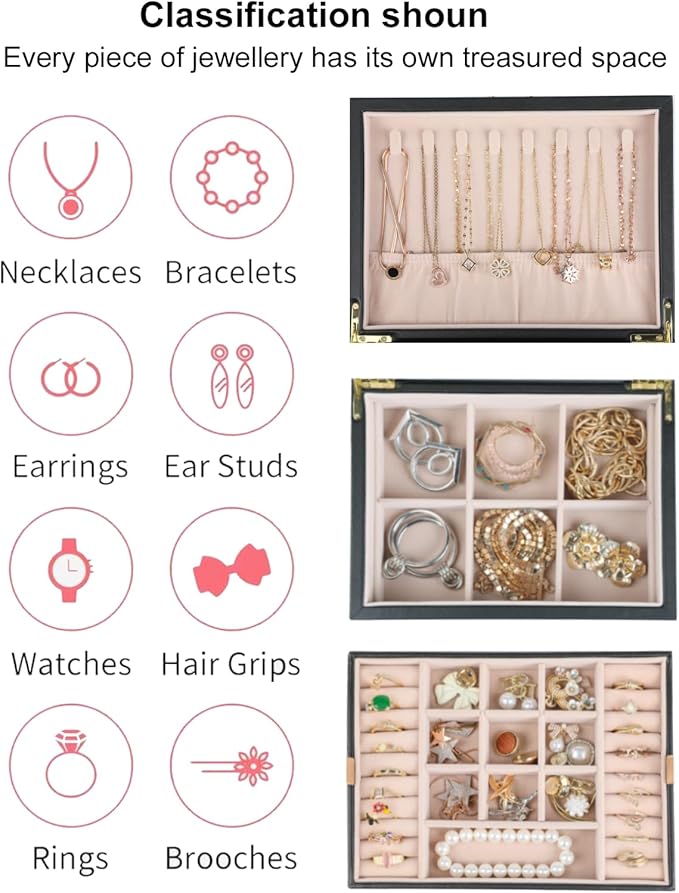 Small Jewelry Organizer for Women, 2-Layer Travel Jewelry Box with Portable Case, Necklace Ring Storage for Dresser, Girls Teens Gifts (Black)