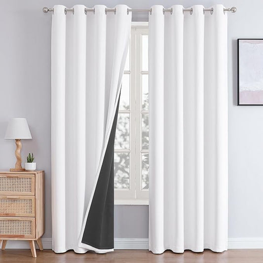 ChrisDowa White 100% Blackout Curtains 90 inch Long for Bedroom with Black Liner, 2 Thick Layers Total Blackout Thermal Insulated Grommet Long Window Curtains 2 Panels Set (Pure White, 52 x 90 Inch)