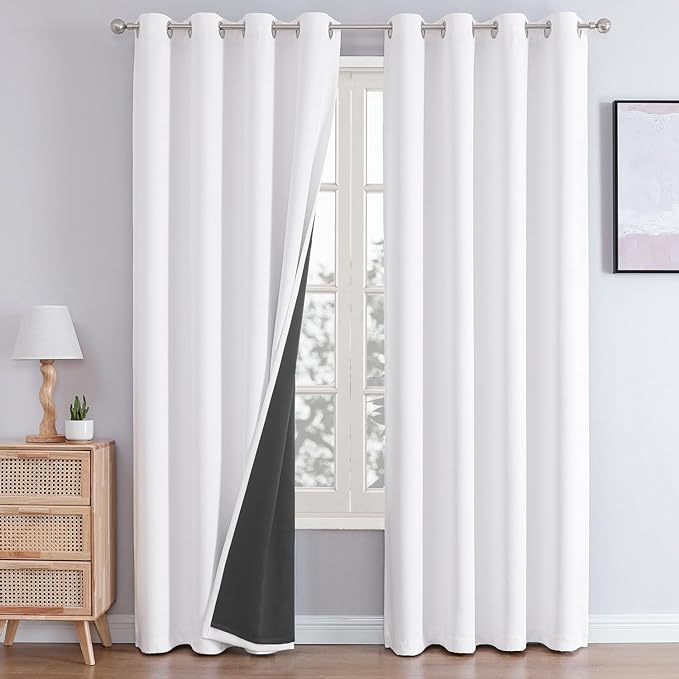 ChrisDowa White 100% Blackout Curtains 120 inch Long for Bedroom with Black Liner, 2 Thick Layers Total Blackout Thermal Insulated Grommet Long Curtains 2 Panels Set (Pure White, 52 x 120 Inch)