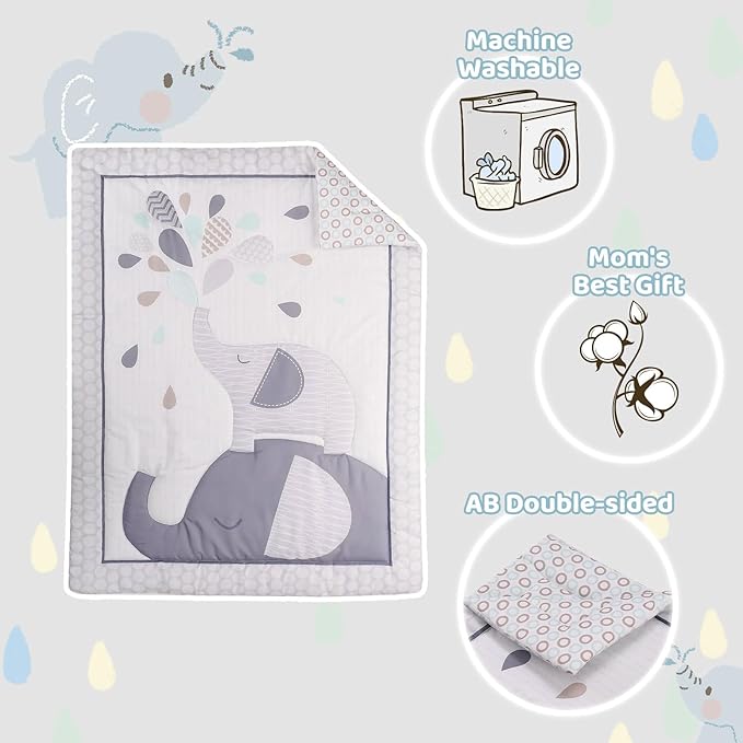 Wowelife Mini Crib Bedding Set for Boys, Premium 3-Piece Elephant Baby Bedding Set Elephant, Baby Nursery Comforter Bed Set with Crib Comforter, Skirt and Sheet, Gray