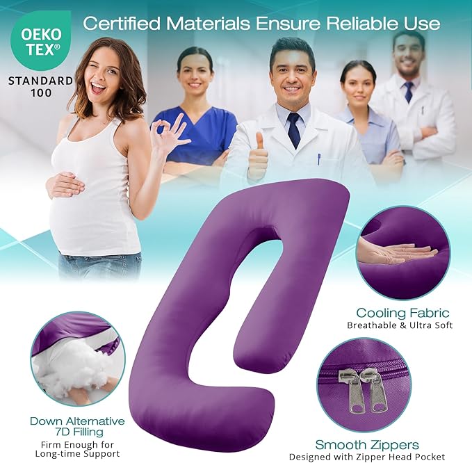 Sasttie Pregnancy Pillows for Sleeping, Jumbo U Shaped Cooling Full Body Pillow with Removable Cover, Pregnant Women Must Haves, Maternity Essential, Purple
