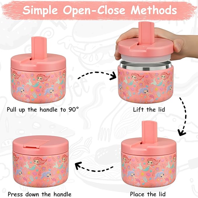 12oz Insulated Vacuum Food Jar with Buckle Lid Wide Mouth Soup Thermo for Hot Food Kids Leakproof Stainless Steel Lunch Container (mermaid)