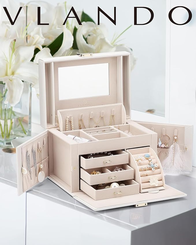 Vlando Jewelry Box Organizer for Girls Women, Large Vintage Jewelry Storage Box with Mirror, Drawers for Bracelets, Earrings, Rings, Necklaces, Mothers Day Gifts for Loved One, White, Regular