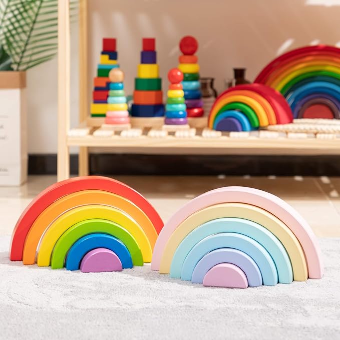 Wooden Rainbow Stacking Toy, Small Wooden Rainbow Stacker, 6 Piece Rainbow Stacking Toy for Baby/Toddlers/Kids, Montessori Educational Rainbow Decor, Kindergarten Teaching Aid