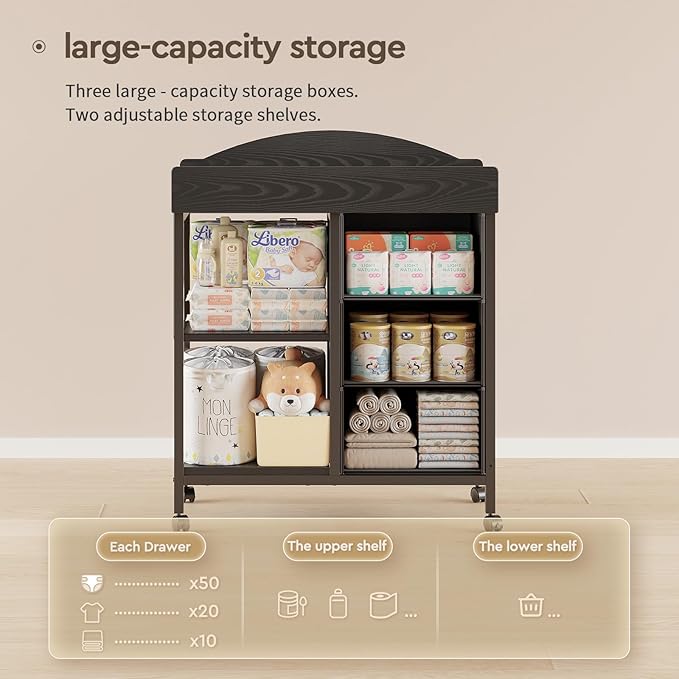 Changing Table Dresser, Baby Dresser with 3 Fabric Drawers and 2 Shelves, Multi-Functional Baby Changing Table with Pad, Classic Nursery Dresser, Diaper Changing Station for Nursery, Black