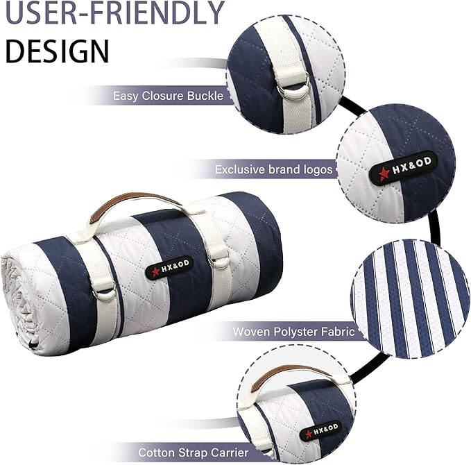 HX&OD Outdoor Picnic Blanket Extra Large, 80''*80'' Waterproof Picnic Mat with Stakes Foldable Camping Blanket Portable with Carry Strap for Beach Mat (Blue& White, 80''*80'')