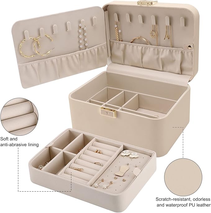 Upgraded Jewelry Box, 2 Layers PU Leather Jewelry Organizer for Women with Lock and Mirror, Hidden Necklace Hook and Removable Divider Large Capacity Travel Jewelry Box Ideal for Gift-With Gift Box