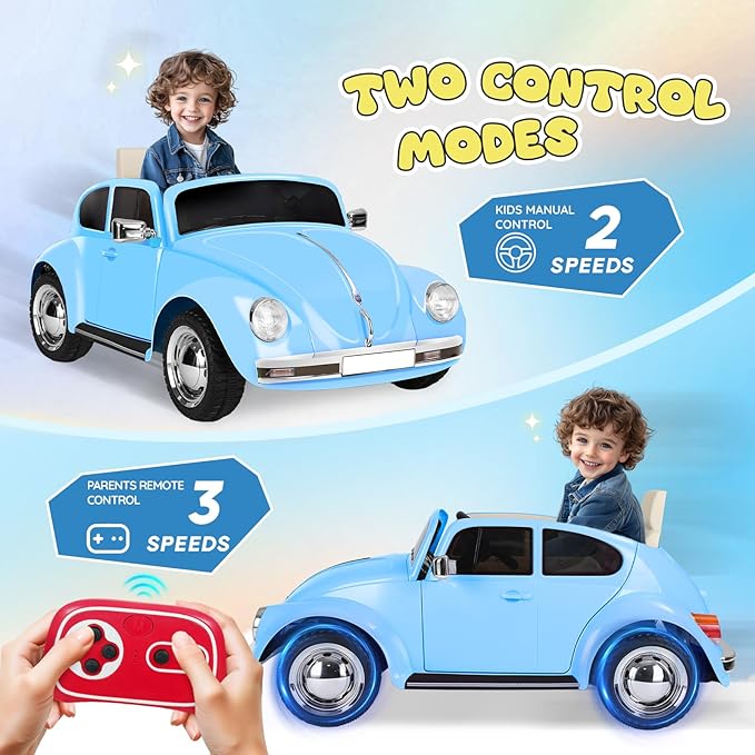 12V Kids Electric Car, Power Wheels with Remote Control, Ride on Car Toys with LED Light, 3 Speeds, Music, Blue