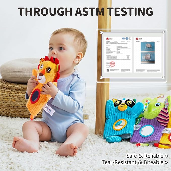 Jollybaby Hand Puppets Baby Toy 0-6-12 Months, Plush Stuffed Animal Hand Puppets Toys for Kids，Sensory Doll with Rattle and Mirror for Toddler，Social Emotional Play Therapy Toys for Boy Girl Gift