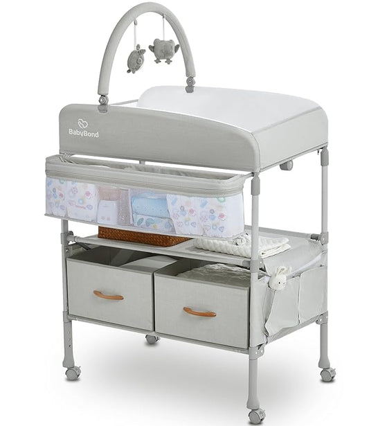 BabyBond Portable Baby Changing Table with 2 Storage Baskets, Foldable Changing Table Dresser Waterproof Diaper Changing Table Height Adjustable Changing Station for Infant and Newborn(Beige)