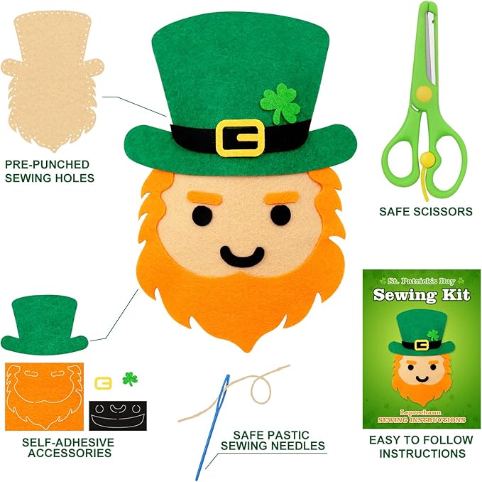 CiyvoLyeen St. Patrick's Day Craft Kids Sewing Kit Fun Saint Paddy's Day Felt DIY Craft Sewing for Girls and Boys Beginners Includes 12 Projects Clover Shamrock Ornaments Irish Education Gift Ideas