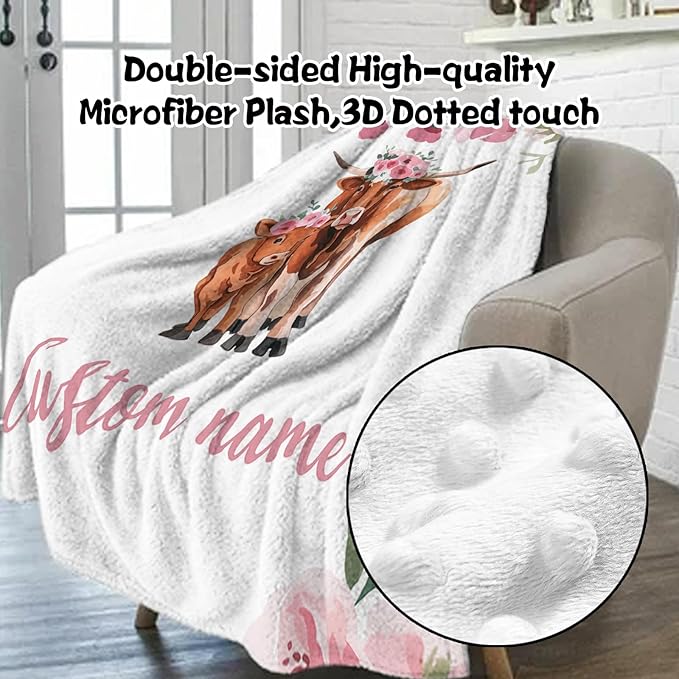 Custom Nursery Crib Bedding Set: Personalized Name 4 Piece Highland Cow Theme Baby Crib Sets for Girls - Toddler Double Layer Blanket Set, Comfortable Crib Bed Sheets for Baby Toddlers