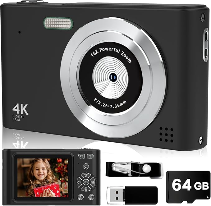 Digital Camera, 44MP Full HD 1080P Point and Shoot Camera with 64GB Card, Anti Shake 16X Zoom Compact Volg Cameras, Portable Small Camara Gift for Kids, Ages Teen Girl Boy - Black