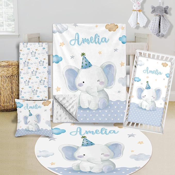 Custom Crib Bedding Set - Elephant Design Personalized Name Baby Nursery Bed 3 Pcs Set - Chic Soft Blanket with Dotted Backing, Sheet, Pillowcase for Newborn Girls Boys Gifts Color18