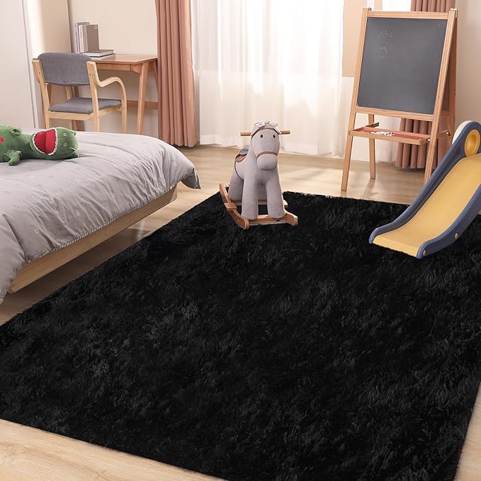 Black Area Rug, 5x7, Soft Plush for Living Room, Bedroom & Nursery, Non-Slip Indoor Carpet for Study, Kids Room Decor