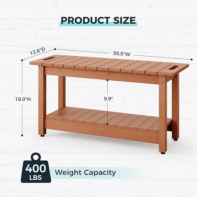 35" Shower Bench, Waterproof Poly Lumber Shower Stool for Shaving Legs, Shower Chair Seat Holds up to 400lbs, Bathroom Bench for Inside Shower, Non-Slip (Brown)
