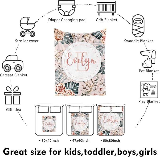 Custom Nursery Crib Bedding Set: 4 Piec Bohemian Flowers Baby Crib Sets for Girls with Personalized Name - Toddler Double Layer Blanket Set, Comfortable Crib Bed Sheets for Baby Toddlers