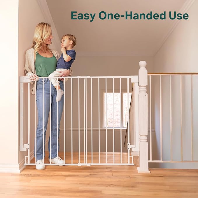 Cumbor 34" Extra Tall No Bottom Bar Baby Gate for Stairs, Auto Close Dog Gate Indoor for Larger Pets, 29.2-43" Hardware Mounted Safety Gate for Doorways, Wide Walk Thru Door for Easy Access (White)