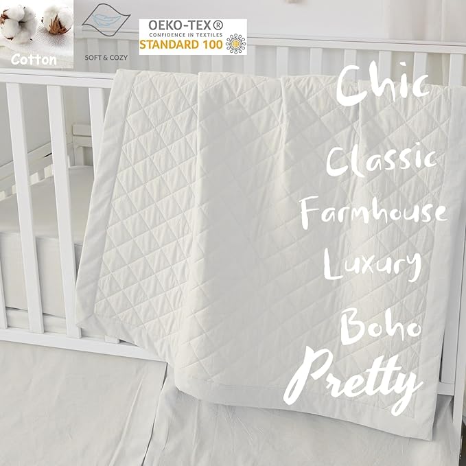 Brandream White Crib Bedding Set 3 Pieces Baby Nursery Collection - Quilt,Crib Sheet,Dust Ruffle-100% Washed Cotton Like Linen Supersoft Classic Quilted Plaid Off White Cream