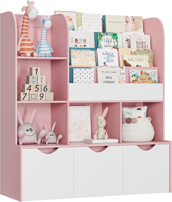 FOTOSOK 47'' Kids Bookcase and Bookshelf, Multifunctional Bookcase with 5 Storage Cubbies and 3 Movable Drawers, Toy Storager Display Stand, Toy Storage Organizer for Bedroom, Playroom, Hallway, Pink