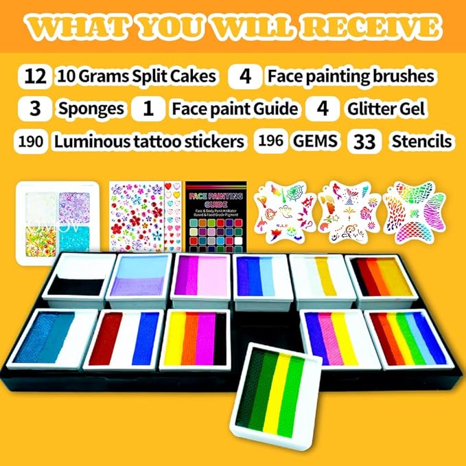 Face Painting Kit for Kids & Adults, Non-Toxic Water Based Face Paint Palette with12 Rainbow Split Cakes +4 Sequins Gels, Includes Brush, Stencils, Gem Sponge & Glow Stickers Halloween Body Paint