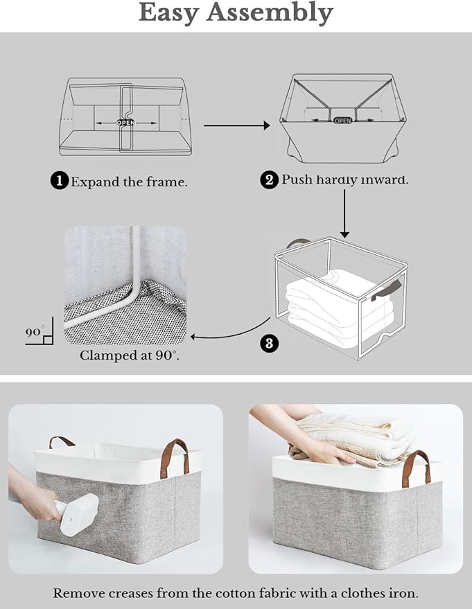 StorageWorks Storage Bins, Fabric Storage Bins for Shelves, Large Storage Baskets with Metal Frame, Closet Baskets and Bins with Handles, Gray and White, 2-Pack