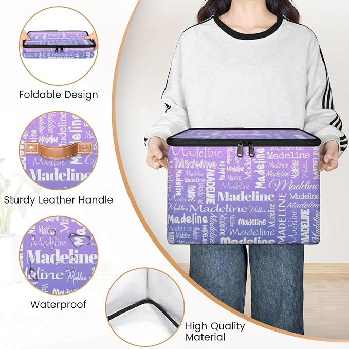 Custom Storage Basket with Name, Personalized Storage Bins with Zipper Lid, Foldable Fabric Storage Box Large capacity with Handle Purple