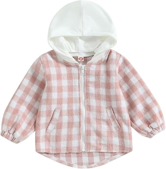 Douhoow Toddler Baby Plaid Jacket Baby Boy GIrl Flannel Hoodies Zip Up Hooded Fall Winter Outerwear Coat
