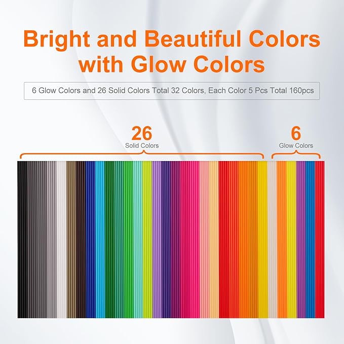 32 Colors 3D Doodler Pen Refills Packs for 3Doodler Start+ 3D Pen Low Printing Temperature PCL Filament 3D Doodler Refills Each Color 15.2 cm x 5 pcs Total 160 pcs Only Fit for 3Doodler Start+