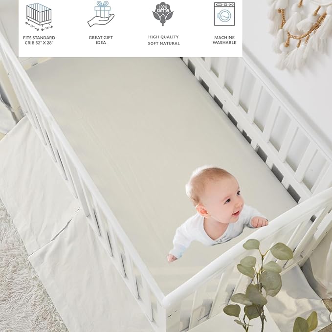 Brandream White Crib Bedding Set 6 Pieces Baby Nursery Collection with 2 packs Window Valance,Quilt,Crib Sheet,Dust Ruffle-100% Washed Cotton Like Linen Supersoft Classic Quilted Plaid Off White Cream