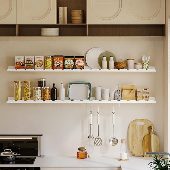 Fixwal Nursery Shelves, 24 Inch Floating Bookshelves for Wall Set of 4, Scalloped Wall Book Shelves with Towel Rack for Kids, Toddler Room, Baby Room, Nursery Decor and Storage(White)