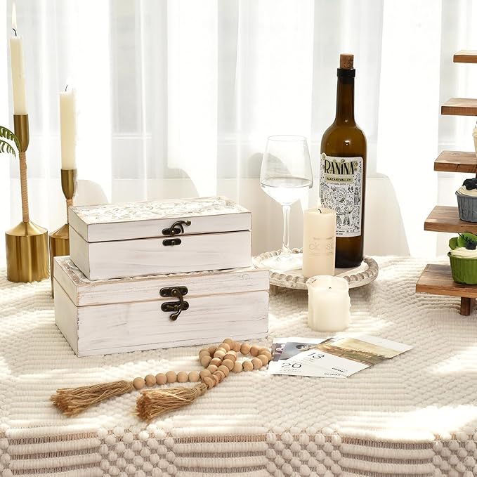 Decorative Wooden Box with Hinged Lid - Timeless Carved Floral Storage for Rustic Farmhouse Decor, Set of 2, White